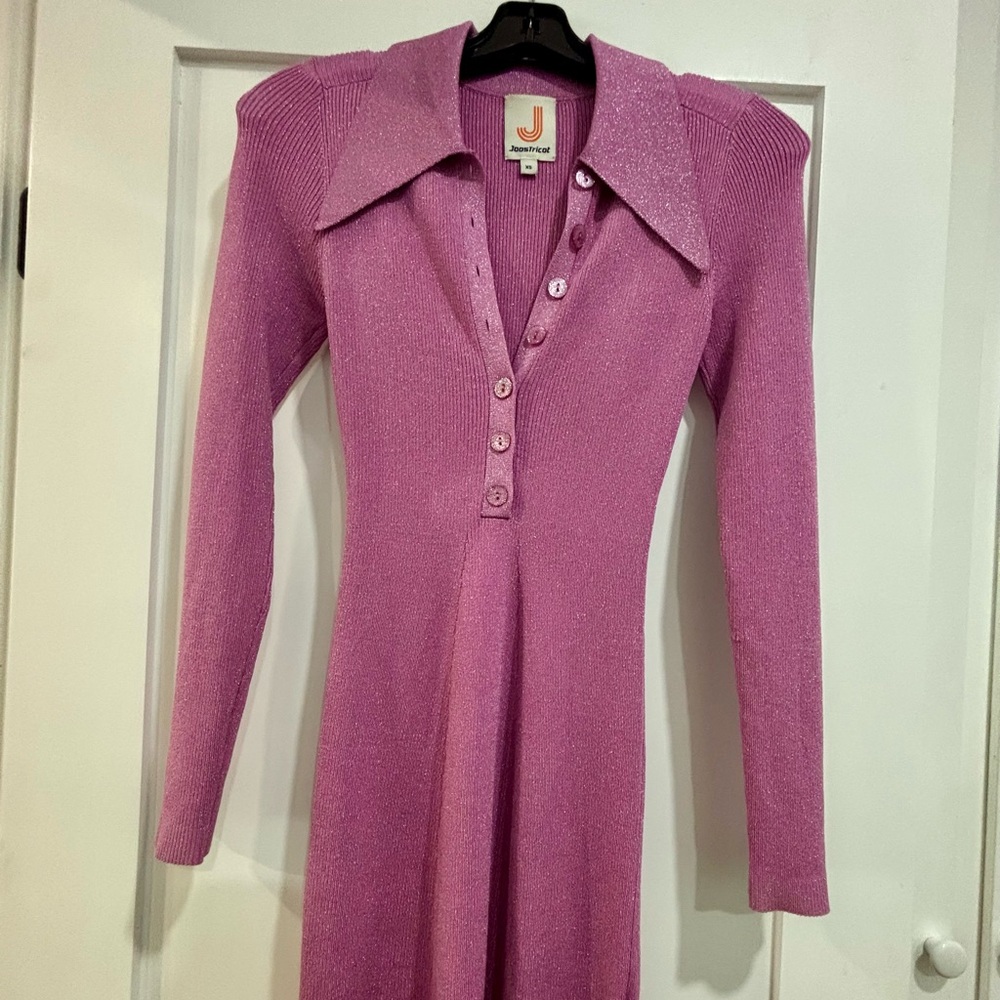 Pink Long Sleeve Collared Top 
Pink lurex long sleeve mini flared polo dress - Picture 9 of 14